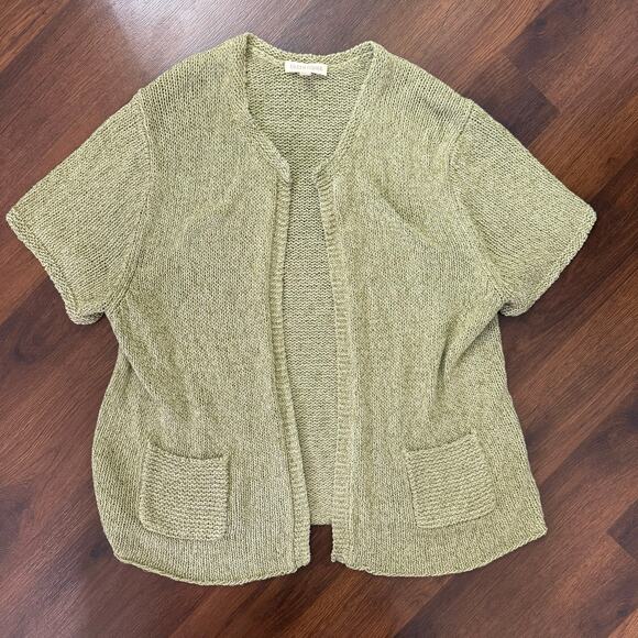 Eileen Fisher Short Sleeve Open Front Silk Linen Cardigan Green Boho Casual Sz L - Picture 1 of 7